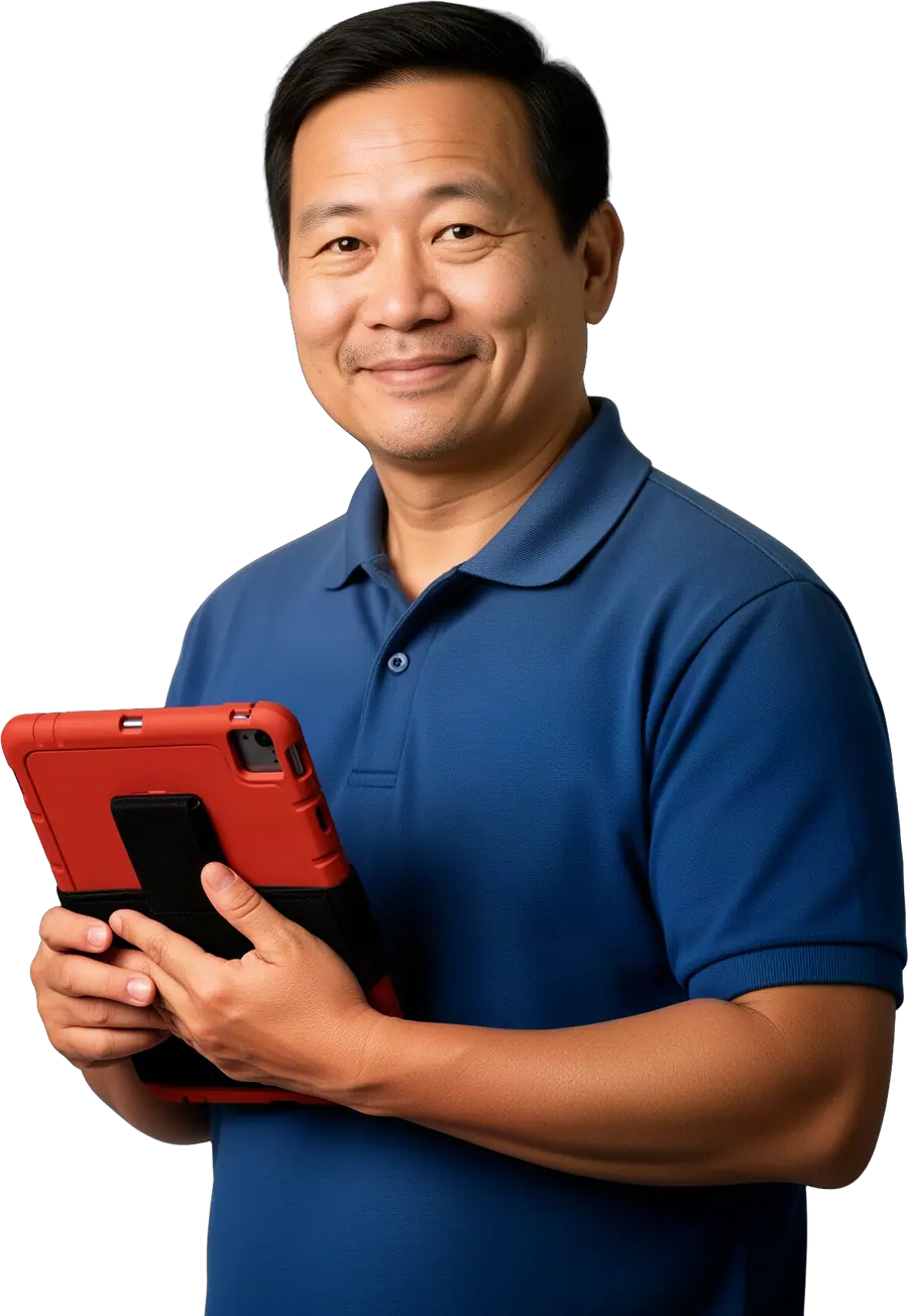 Smiling man in a navy polo holding a red rugged tablet with a strap